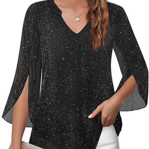 Tencole Womens 3/4 Sleeve Sparkly Top Sequin VNeck  Dressy Xl wedding attire